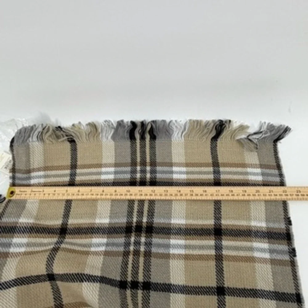 Mud Pie Plaid Blanket‎ Scarf Tan Gray Fringe Reversible Oversized Wrap NWT